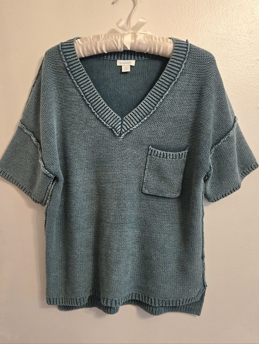 Sundance Cotton Knit Oversized Short Sleeve Sweater Faded Teal Blue Size Med